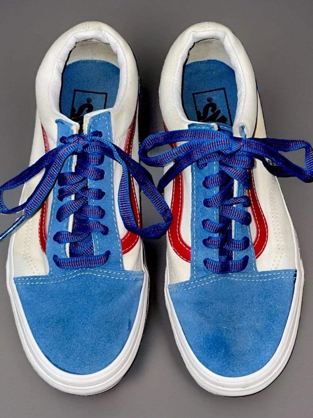 Vans Men's 5.5/Womens 7 Sneakers Blue SuedeSPort Pop Old Skool White Canvas/Red